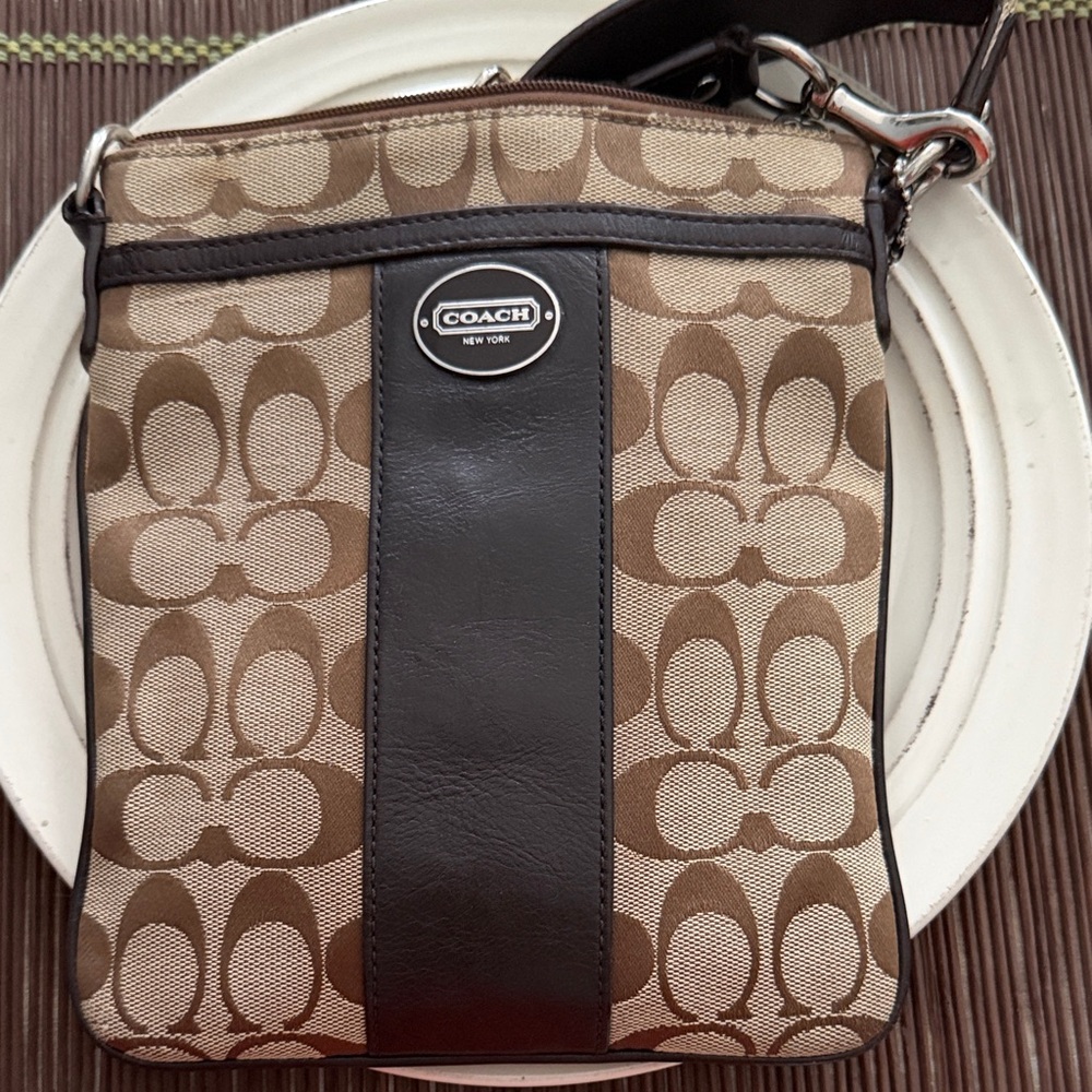 Coach Tan and Brown Signature Messenger Bag